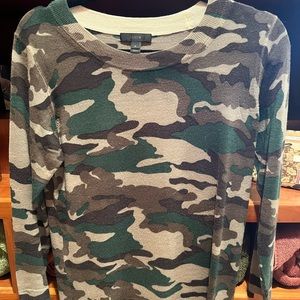 Jcrew camo sweater.  Crew neck and three quarter sleeves.
